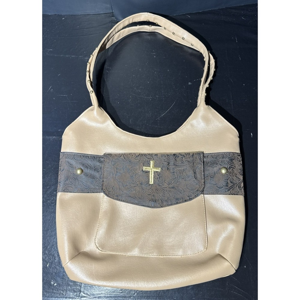 Cross Religious Christian Embroidered Adult Handbag Brown/Tan Handmade
